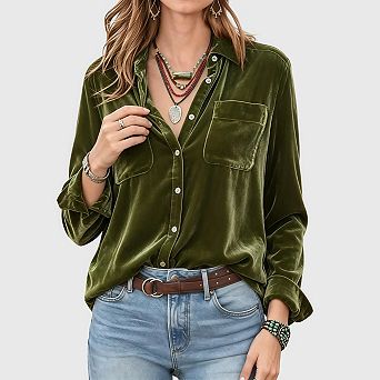 Womens Velvet Shirts Long Sleeve Button Down Casual Blouses Tops