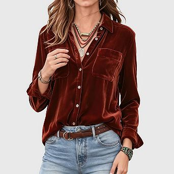 Womens Velvet Shirts Long Sleeve Button Down Casual Blouses Tops