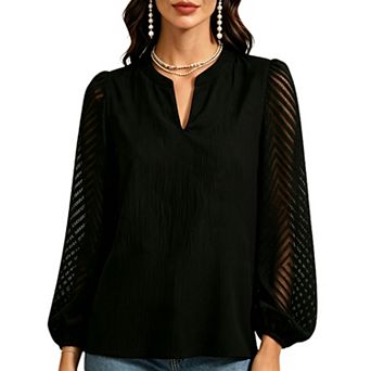 Womens Business Casual Tops Lace Long Lantern Sleeve Blouses Work Office V Neck Chiffon Shirt