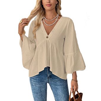 Womens 3/4 Ruffle Sleeve Babydoll Tops V Neck Peplum Blouse Cute Casual Loose Flowy Shirts