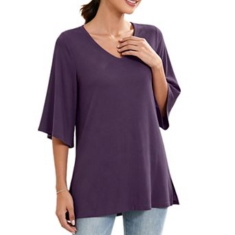 Womens 3/4 Flutter Sleeve Tops Casual V Neck Loose Fit Dressy Casual Blouse Flowy Shirts