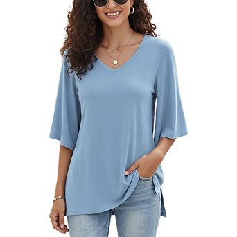 Womens 3/4 Flutter Sleeve Tops Casual V Neck Loose Fit Dressy Casual Blouse Flowy Shirts