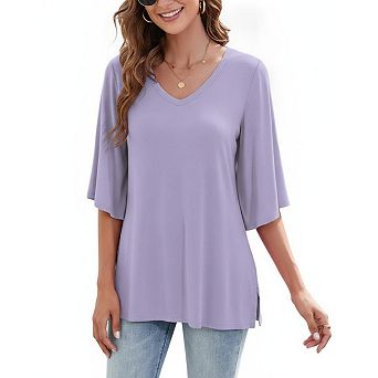 Womens 3/4 Flutter Sleeve Tops Casual V Neck Loose Fit Dressy Casual Blouse Flowy Shirts