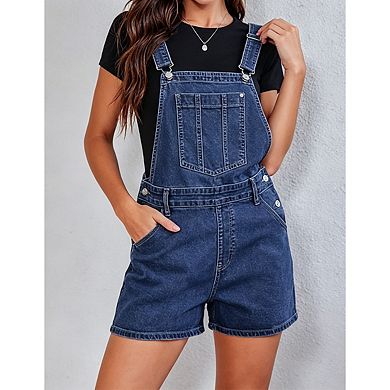 Women's Adjustable Strap High Waist Short Length Denim Overall Romper With Pocket