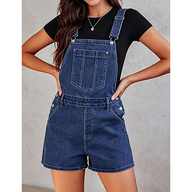 Women's Adjustable Strap High Waist Short Length Denim Overall Romper With Pocket