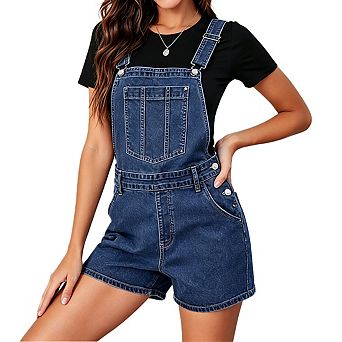 Women's Adjustable Strap High Waist Short Length Denim Overall Romper With Pocket