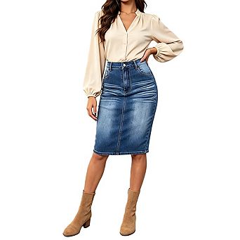 Women's High Waist Knee Length Fitted Denim Pencil Skirt