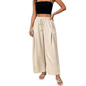 Women Casual Drawstring Wide Leg Pants Elastic High Waist Loose Fit Trousers with Pockets