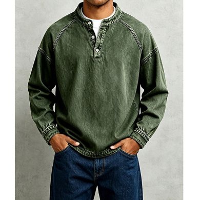 Mens Stand Collar Raglan Long Sleeve Cuffed Sleeve Hem Henley Pullover Top
