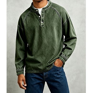 Mens Stand Collar Raglan Long Sleeve Cuffed Sleeve Hem Henley Pullover Top