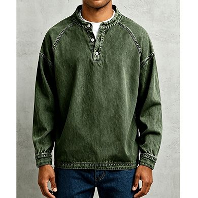 Mens Stand Collar Raglan Long Sleeve Cuffed Sleeve Hem Henley Pullover Top