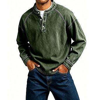 Mens Stand Collar Raglan Long Sleeve Cuffed Sleeve Hem Henley Pullover Top