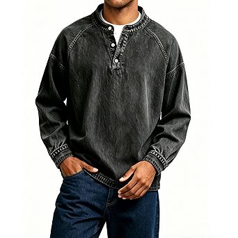 Mens Stand Collar Raglan Long Sleeve Cuffed Sleeve Hem Henley Pullover Top