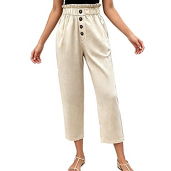 Women High Waist Cropped Pants Button Front Loose Tapered Jogger Trousers with Pockets