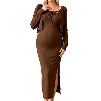Maternity Two Piece Strapless Tie Front Side Slit Midi Dress Long Sleeve Cropped Shrug Set