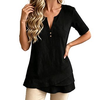 Women V Neck Button Short Sleeve Tunic Tops Loose Fit Casual Blouse Shirts
