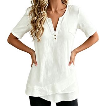Women V Neck Button Short Sleeve Tunic Tops Loose Fit Casual Blouse Shirts