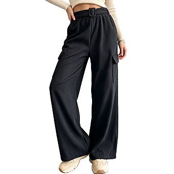Women's High Waist Full Length Square Buckle Belted Wide Leg Corduroy Cargo Pants With Pockets
