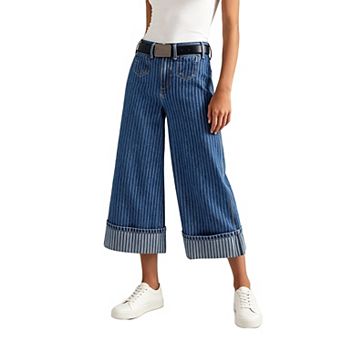 Women Vintage Striped Wide Leg Jeans High Waist Straight Leg Denim Pants