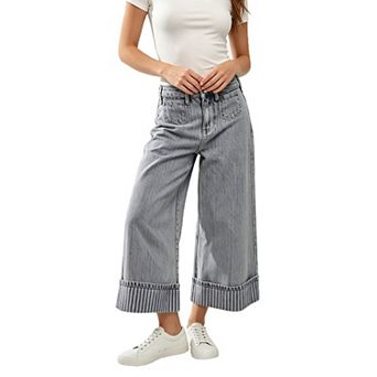 Women Vintage Striped Wide Leg Jeans High Waist Straight Leg Denim Pants