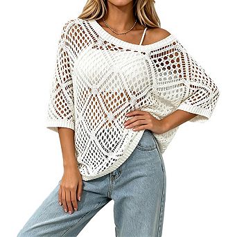 Women's Round Off Shoulder Short Sleeve Open Crochet Knit Loose Beach Cover Up Top