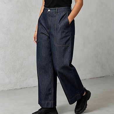 Women's High Waist Wide Leg Jeans Cropped Denim PantsWith Front Pockets