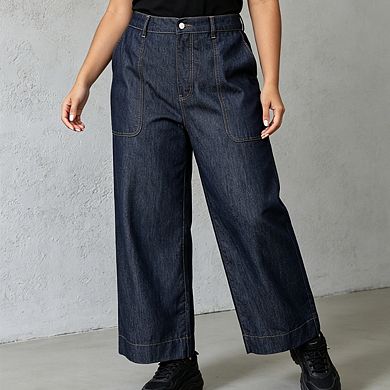 Women's High Waist Wide Leg Jeans Cropped Denim PantsWith Front Pockets