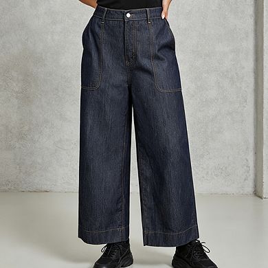 Women's High Waist Wide Leg Jeans Cropped Denim PantsWith Front Pockets