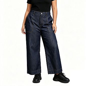 Women's High Waist Wide Leg Jeans Cropped Denim PantsWith Front Pockets