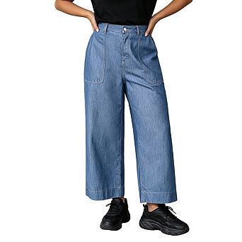 Women's High Waist Wide Leg Jeans Cropped Denim PantsWith Front Pockets