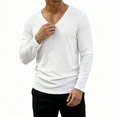 Mens V Neck Long Sleeve T Shirts Loose Fit Casual Lightweight Basic Tops