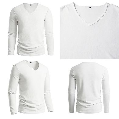 Mens V Neck Long Sleeve T Shirts Loose Fit Casual Lightweight Basic Tops