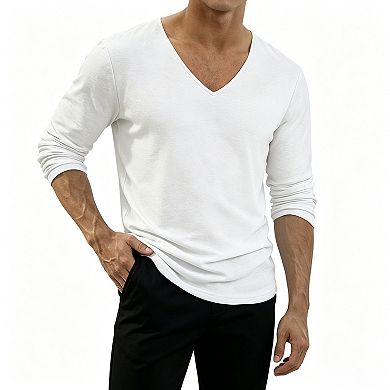 Mens V Neck Long Sleeve T Shirts Loose Fit Casual Lightweight Basic Tops