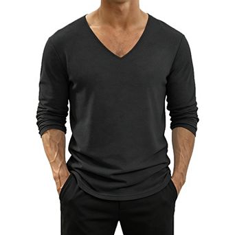 Mens V Neck Long Sleeve T Shirts Loose Fit Casual Lightweight Basic Tops