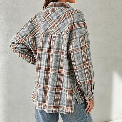 Women's Lapel Collar Long Sleeve Oversized Plaid Button Front Casual Shirt Jacket