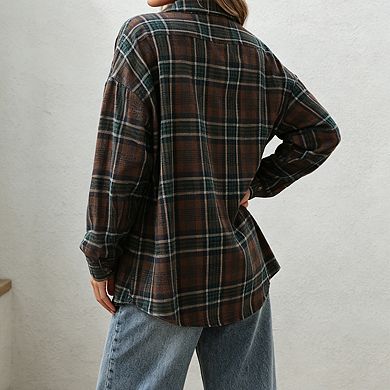 Women's Lapel Collar Long Sleeve Oversized Plaid Button Front Casual Shirt Jacket