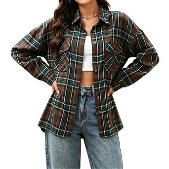 Women's Lapel Collar Long Sleeve Oversized Plaid Button Front Casual Shirt Jacket