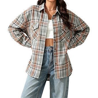 Women's Lapel Collar Long Sleeve Oversized Plaid Button Front Casual Shirt Jacket