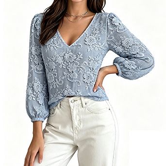 Women's V Neck Puff Three Quarter Sleeve Floral Embossed Textured Loose Fit Casual Blouse Top