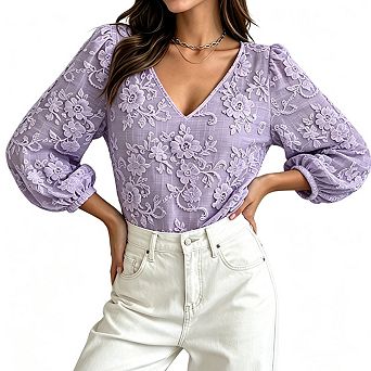 Women's V Neck Puff Three Quarter Sleeve Floral Embossed Textured Loose Fit Casual Blouse Top