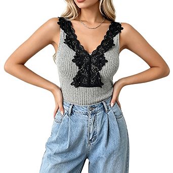 Women's V Neck Sleeveless Ribbed Knit Floral Lace Ruffle Trim Tank Top