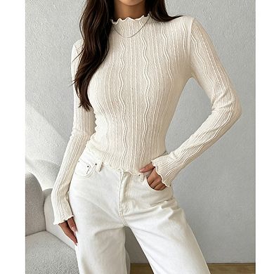 Women's Ruffle Mock Neck Long Sleeve Textured Knit Fitted Cropped Top