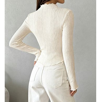 Women's Ruffle Mock Neck Long Sleeve Textured Knit Fitted Cropped Top