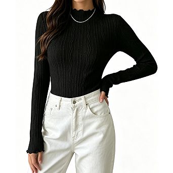 Women's Ruffle Mock Neck Long Sleeve Textured Knit Fitted Cropped Top
