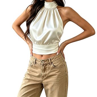 Womens Halter Neck Sleeveless Satin Open Back Self Tie Bow Cropped Elastic Waist Tank Top