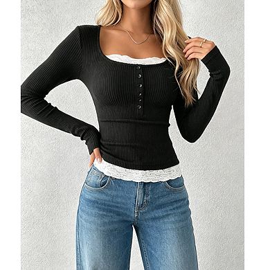 Women's Square Neck Long Sleeve Half Button Front Ribbed Knit Fitted Top