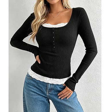 Women's Square Neck Long Sleeve Half Button Front Ribbed Knit Fitted Top