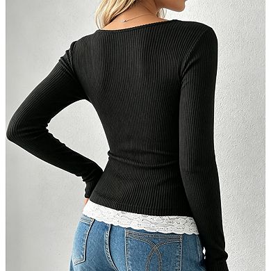 Women's Square Neck Long Sleeve Half Button Front Ribbed Knit Fitted Top