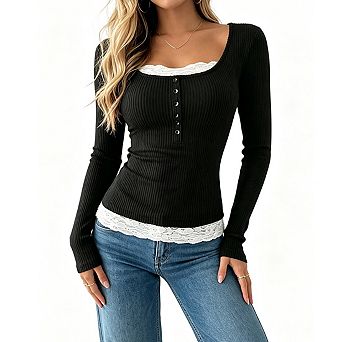 Women's Square Neck Long Sleeve Half Button Front Ribbed Knit Fitted Top