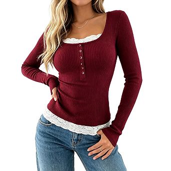 Women's Square Neck Long Sleeve Half Button Front Ribbed Knit Fitted Top